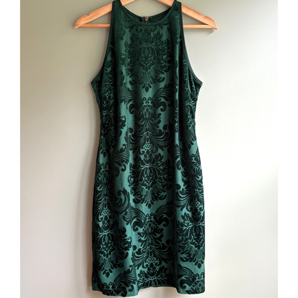 B Darlin Emerald Green Burnout Velvet Damask Sleeveless Cocktail Mini Dress - Picture 1 of 15